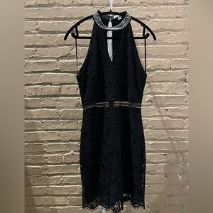 Francesca's Collections Black Lace Halter Dress with Beaded Trim